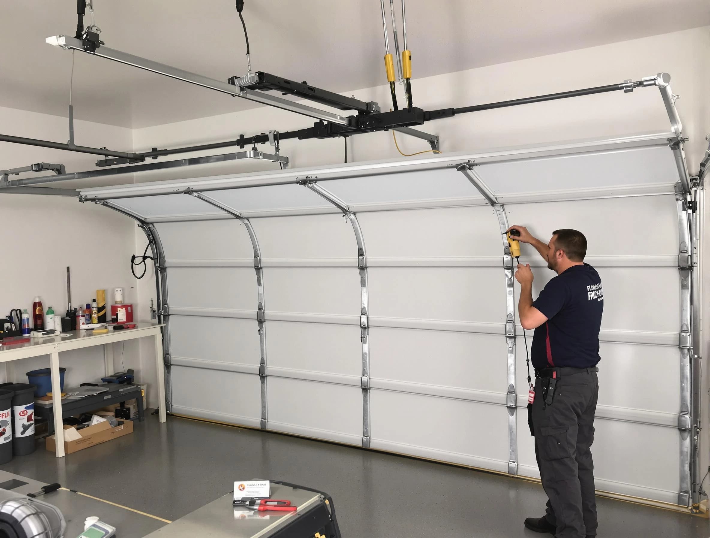 Woods Cross Garage Door Repair certified technician performing overhead door system repair in Woods Cross