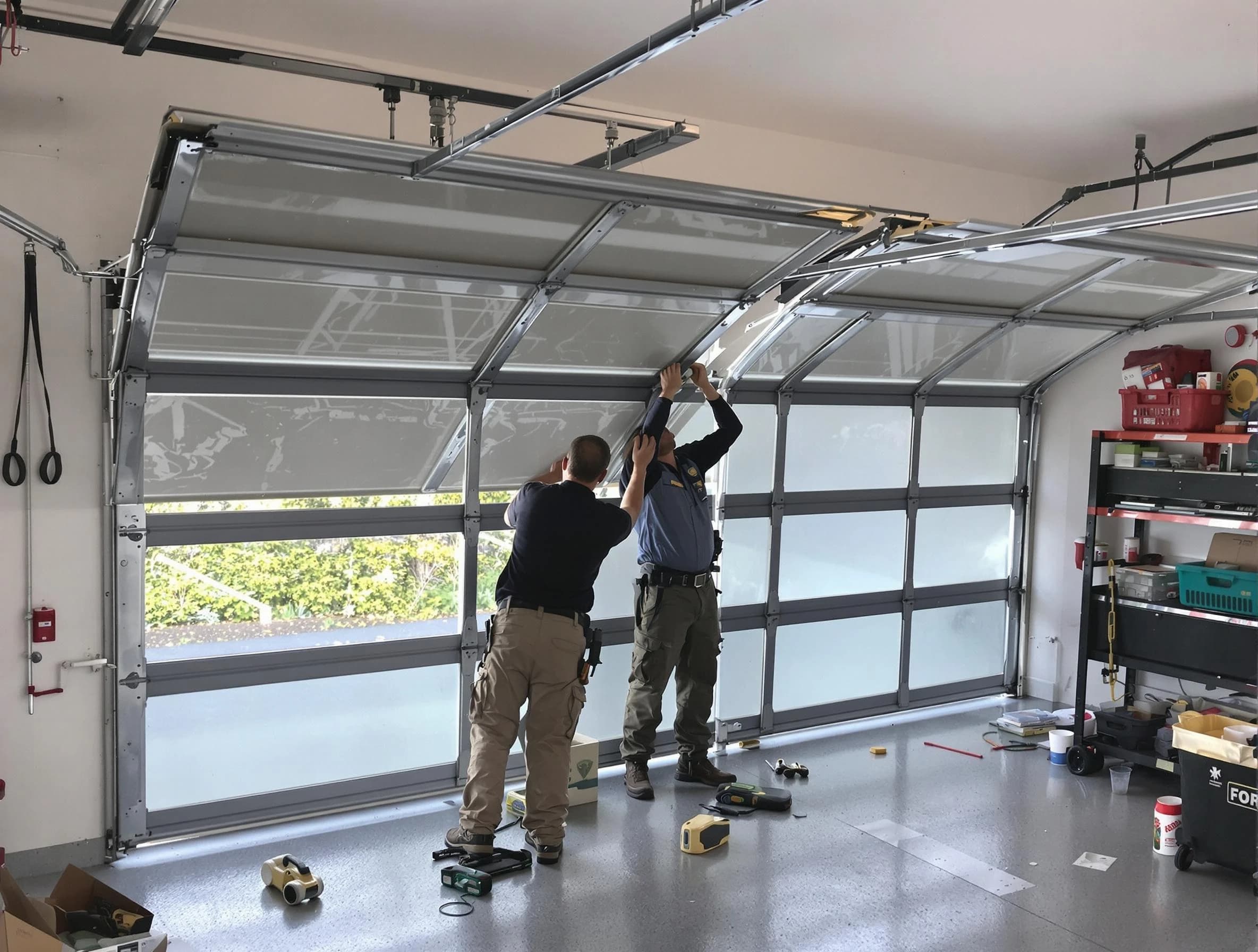 Woods Cross Garage Door Repair expert performing precise panel replacement on Woods Cross garage door