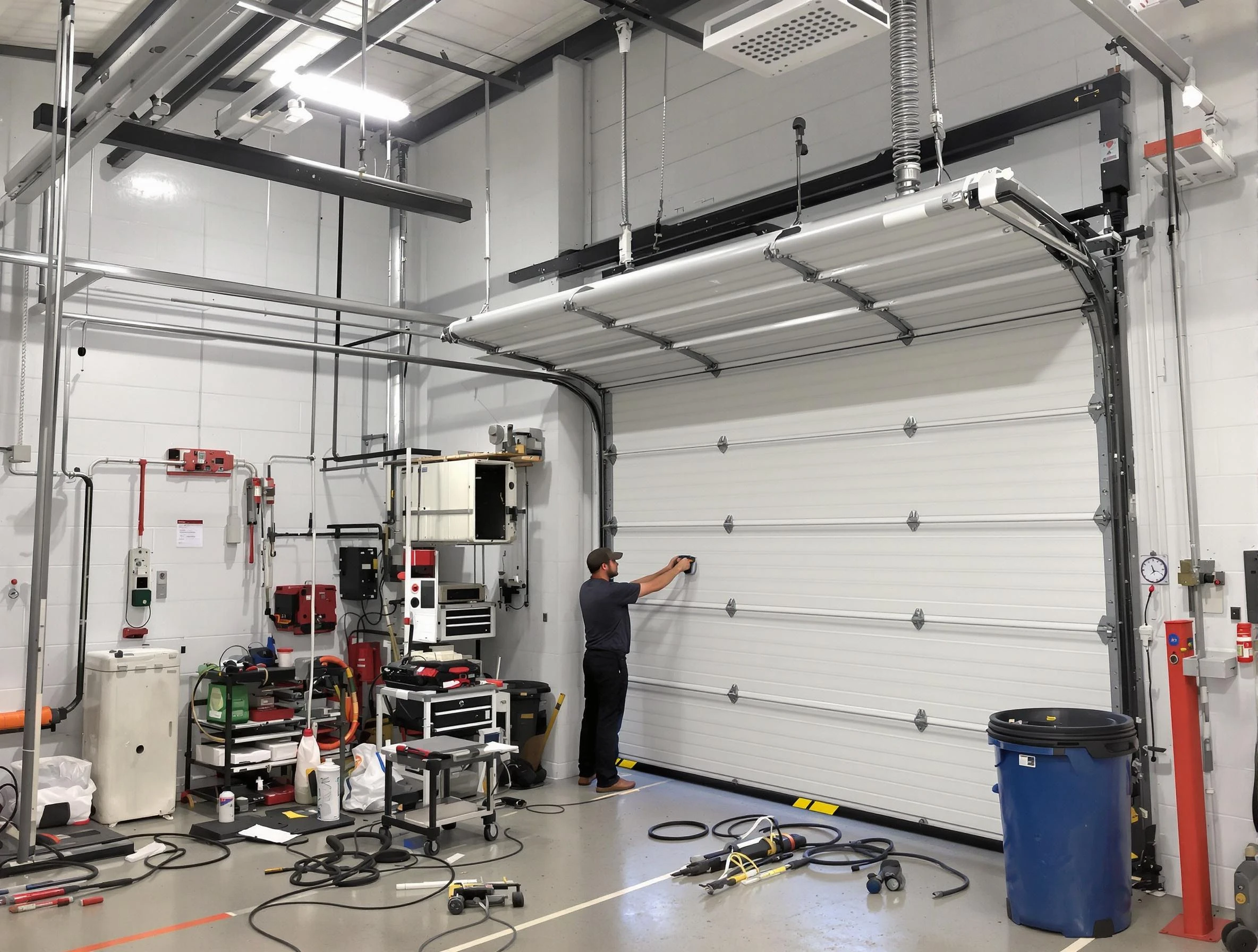 Woods Cross Garage Door Repair certified technician performing commercial door repair at a Woods Cross business facility