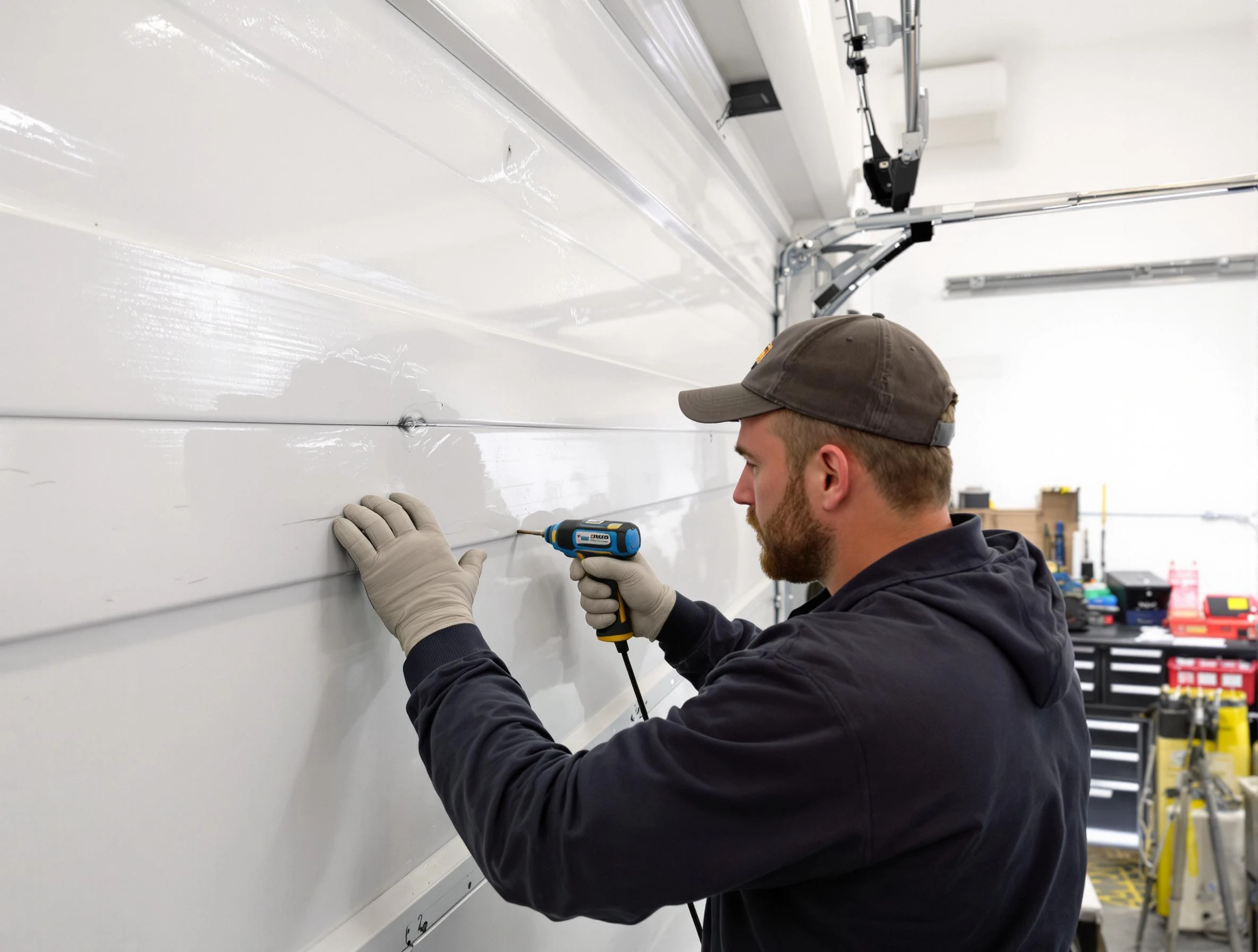 Woods Cross Garage Door Repair technician demonstrating precision dent removal techniques on a Woods Cross garage door